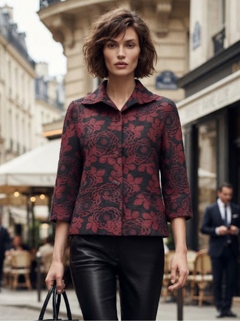 Vintage Floral Jacquard Blazer Boxy Jacket Red Black 3/4 Sleeve
